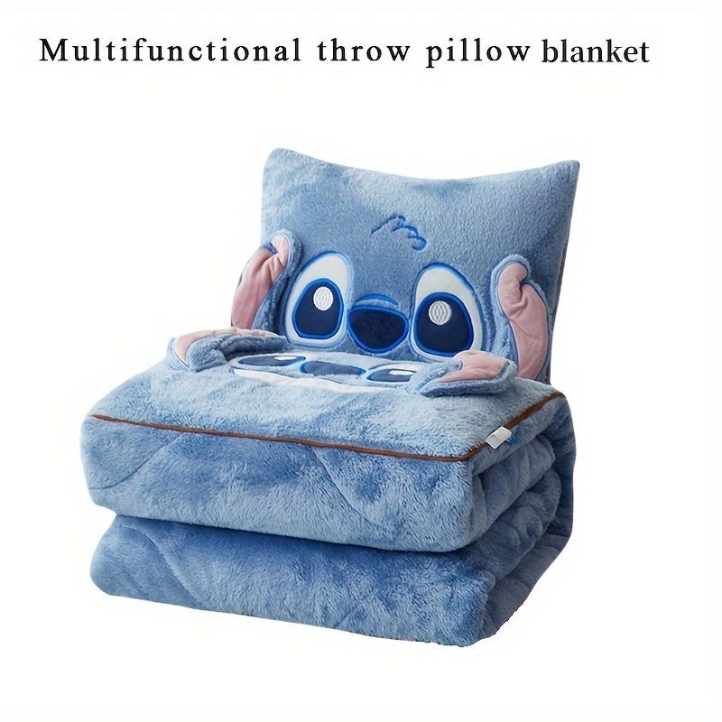 Adorable Stitch plush cushion transforms into a soft throw blanket. Perfect cozy comfort for home decor.