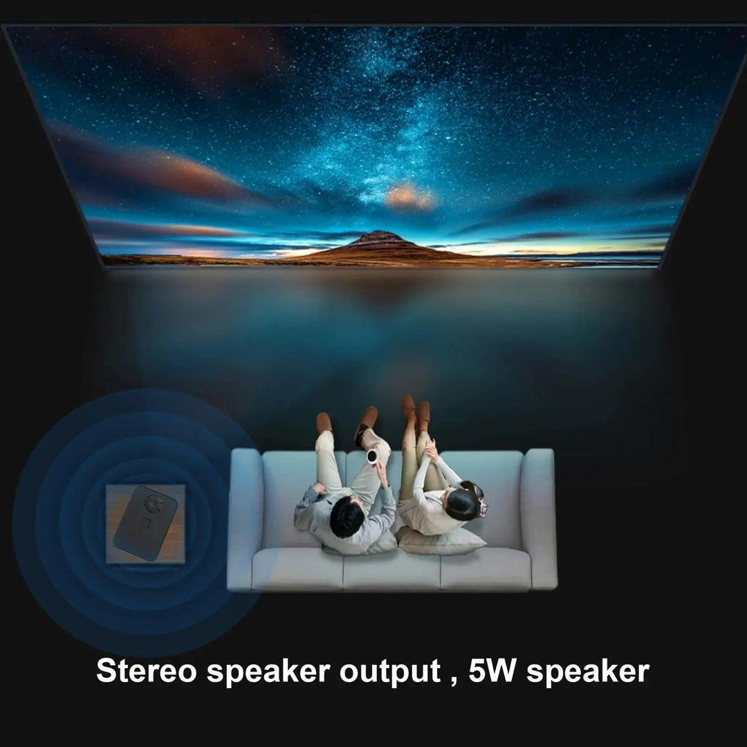 4K Smart Android Projector with WiFi, showcasing compact design, HDMI ports, and lens for cinematic quality visuals.