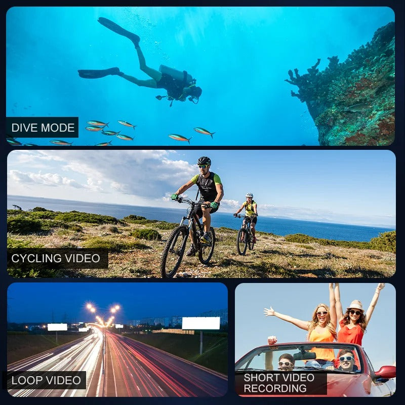 "4K Ultra HD sport camera, waterproof, WiFi enabled; captures panoramic action shots with 140° wide-angle lens."