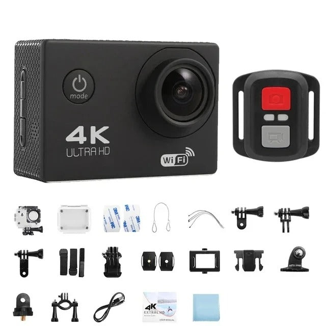 "4K Ultra HD sport camera, waterproof, WiFi enabled; captures panoramic action shots with 140° wide-angle lens."
