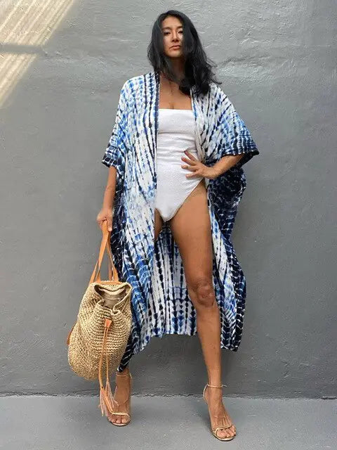 Chic poolside fashion: women's flowy bohemian sarong swimsuit cover-up.