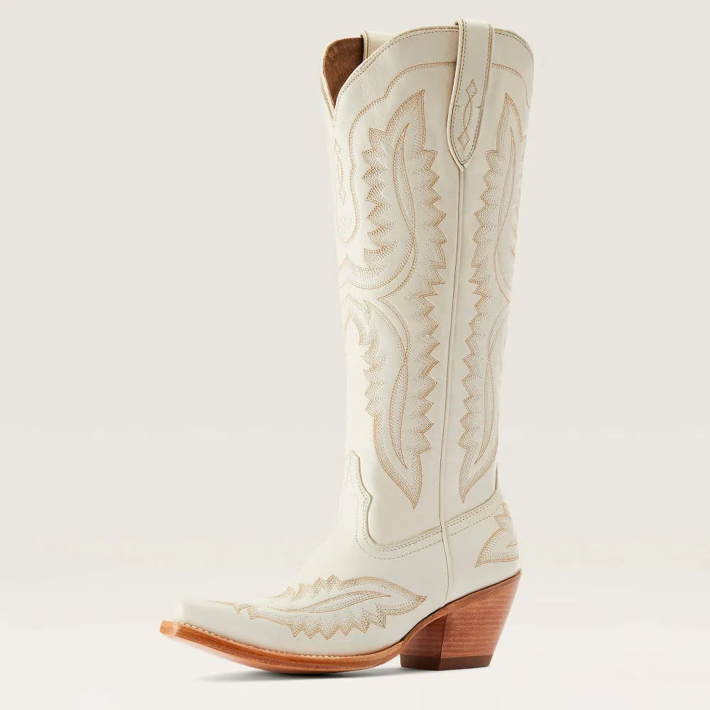 Women's patterned zipped tall boots, pointed toe & stacked heel; essential stylish footwear for autumn.