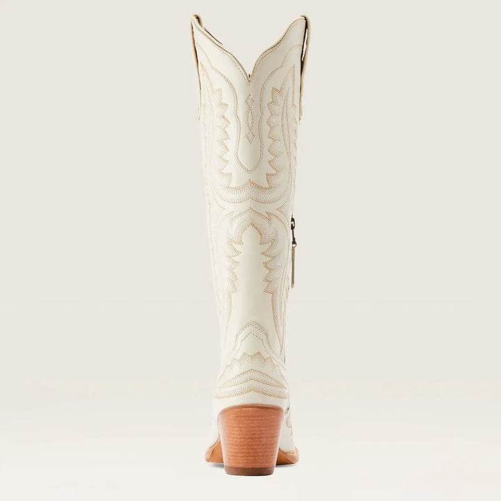 Back view of women's stylish patterned tall boots, revealing the stacked heel and elegant silhouette.