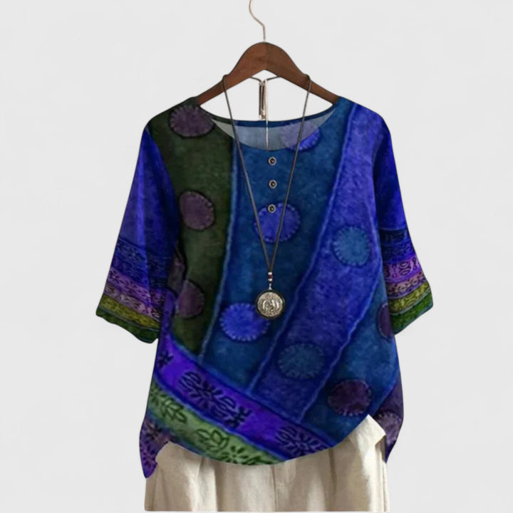 Stylish women's boho patchwork print top, offering elegant bohemian style and comfort for spring and fall.