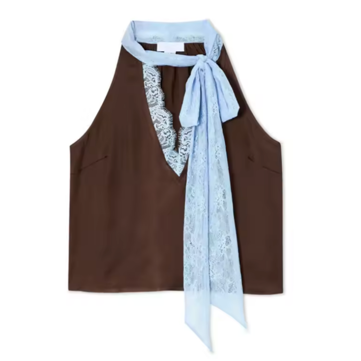 Sophisticated brown halter & maxi skirt two-piece set, perfect for women's elegant summer fashion.
