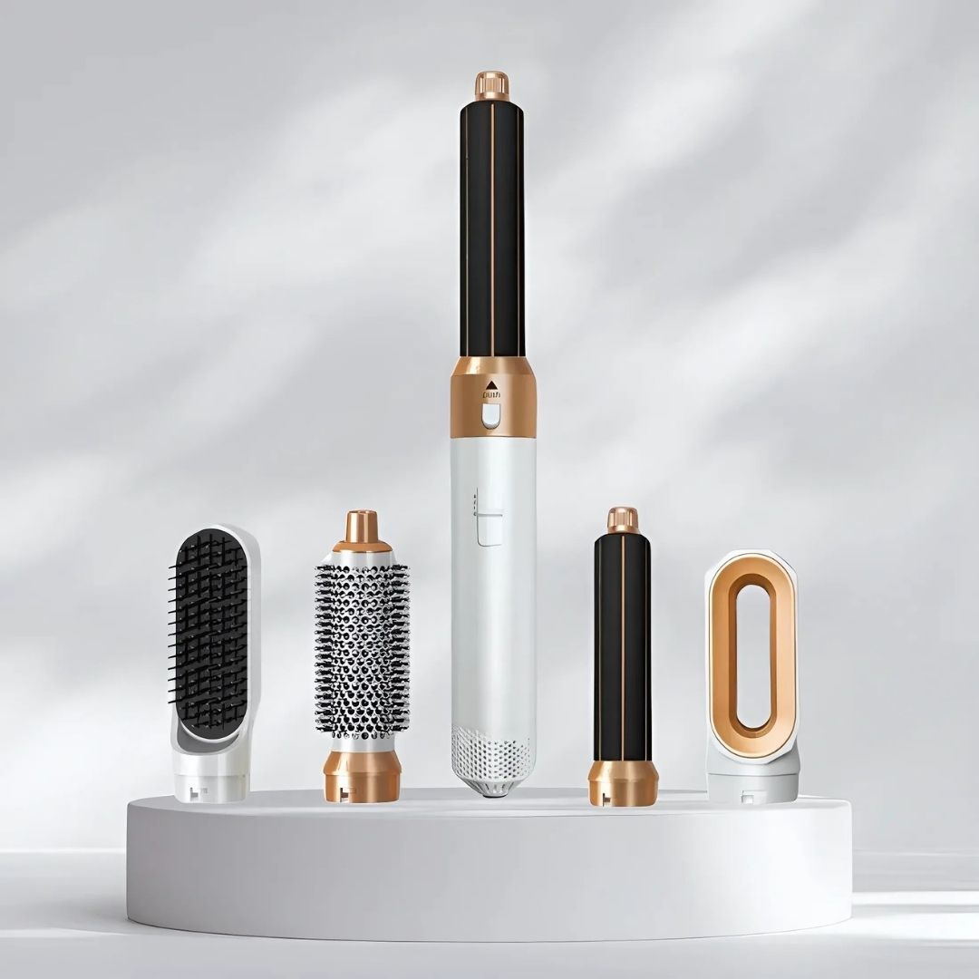 "5-in-1 hair styler with air tech, five attachments, sleek silver design for curling, drying, smoothing, volumizing."