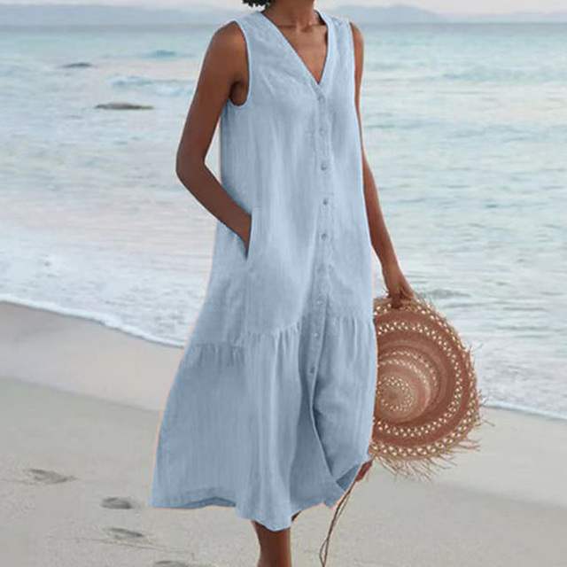 Flowy women's sleeveless midi dress, perfect for summer casual wear. Features a button front and v-neck.