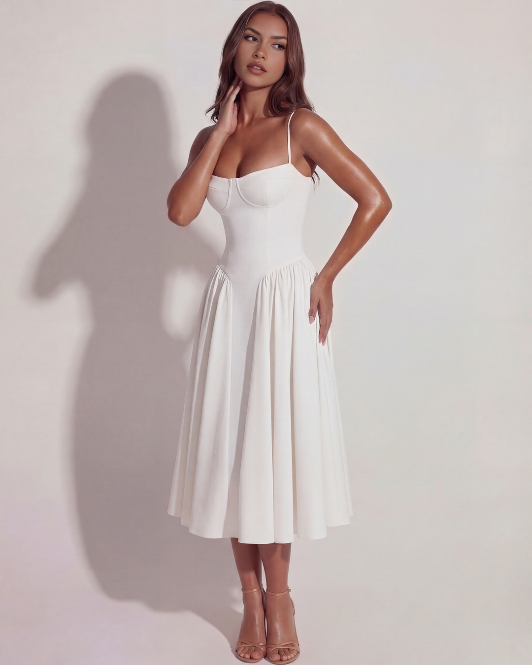 Comfortable yet elegant women's midi dress with a boned sweetheart and chic gathered skirt for summer events.