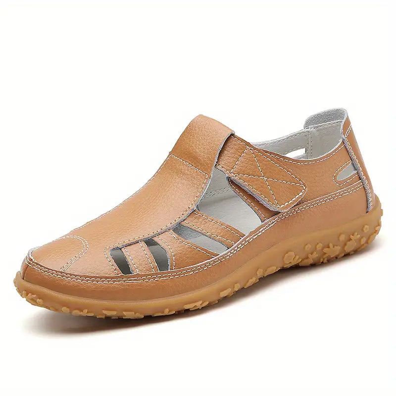 Essential summer women's brown leather sandals, adjustable velcro & comfort sole for all-day casual wear.