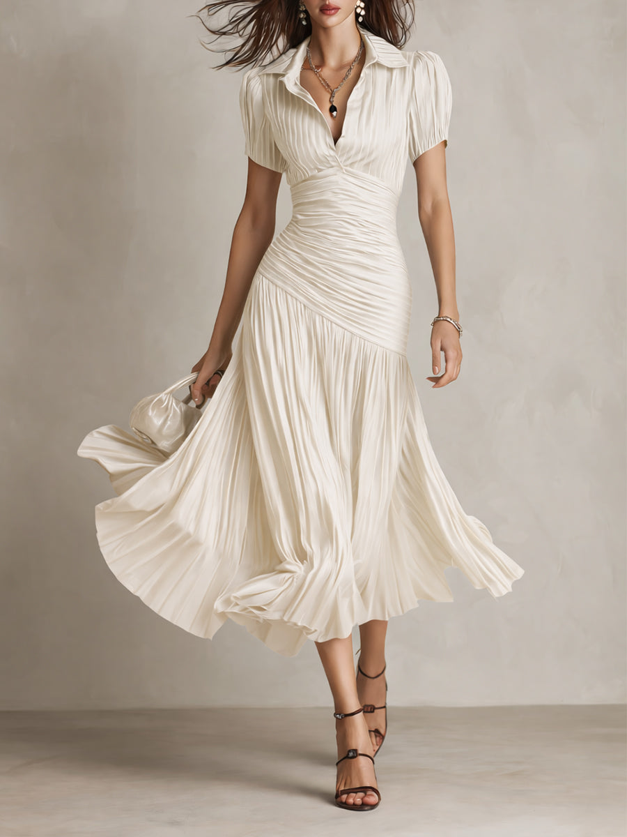 Women's flowy retro striped midi dress in dark blue, white & red, showcasing an elegant summer style.