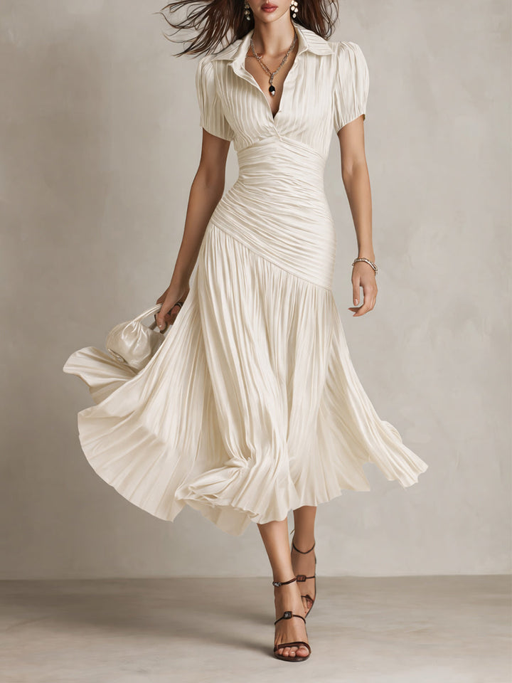 Women's flowy retro striped midi dress in dark blue, white & red, showcasing an elegant summer style.