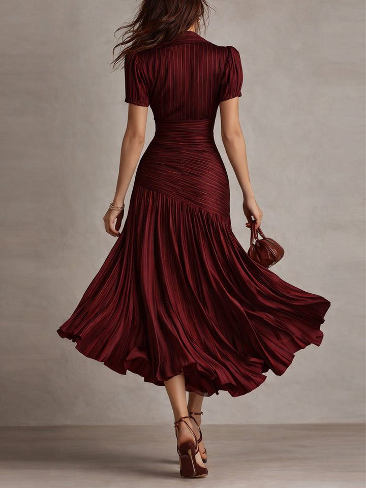 Chic women's retro striped midi dress, short sleeve, elegant & flattering for versatile wear.