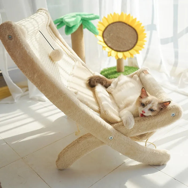 Ergonomic cat lounger & scratcher deckchair. Ideal feline comfort bed & scratch furniture.