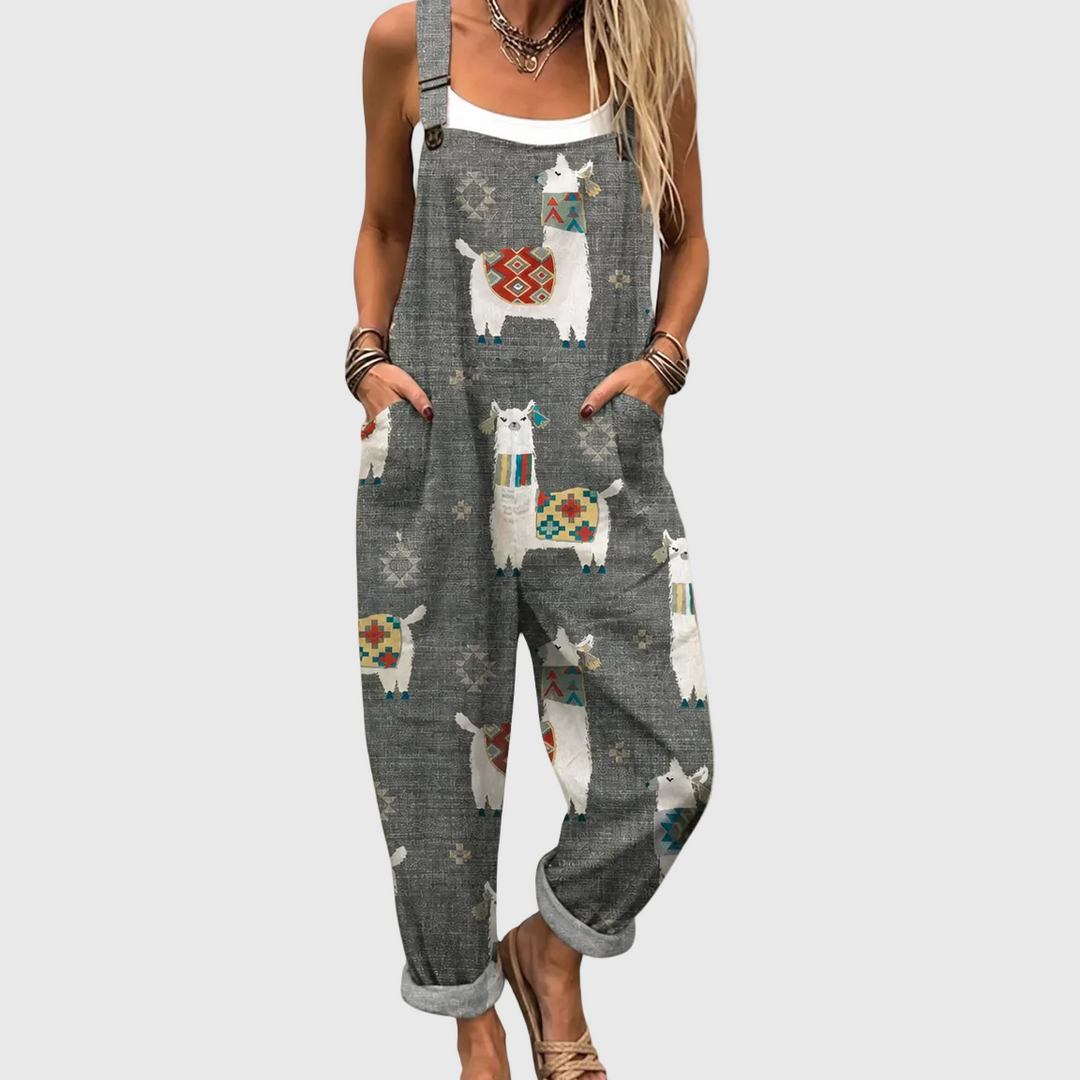 Women's cozy gray llama pattern jumpsuit, relaxed fit, soft feel, perfect for loungewear or casual wear.