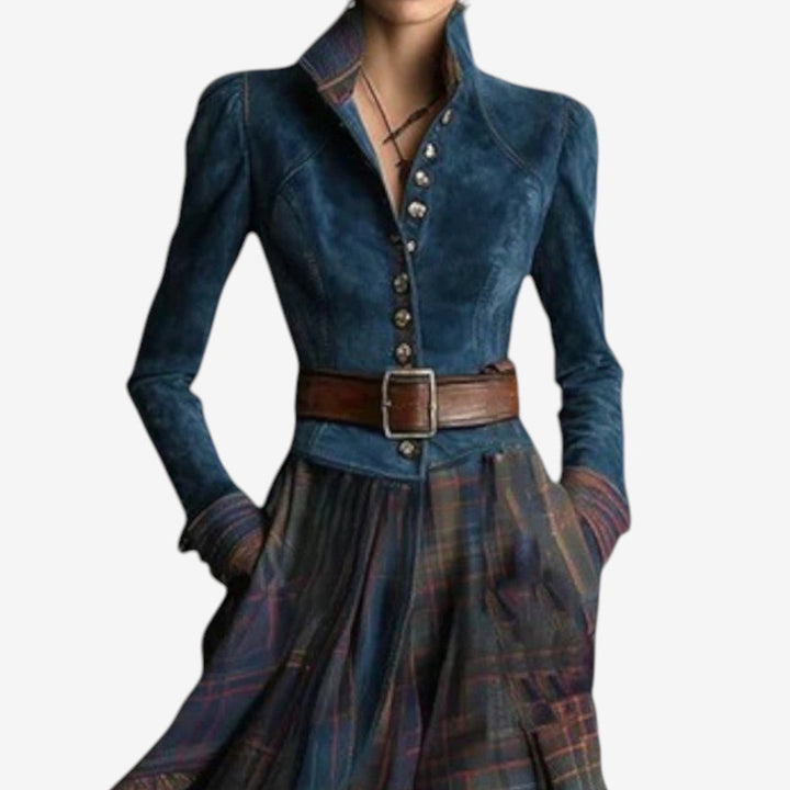 Versatile women's denim blue bohemian midi dress with long sleeves & belt. Elegant yet casual fall day dress.
