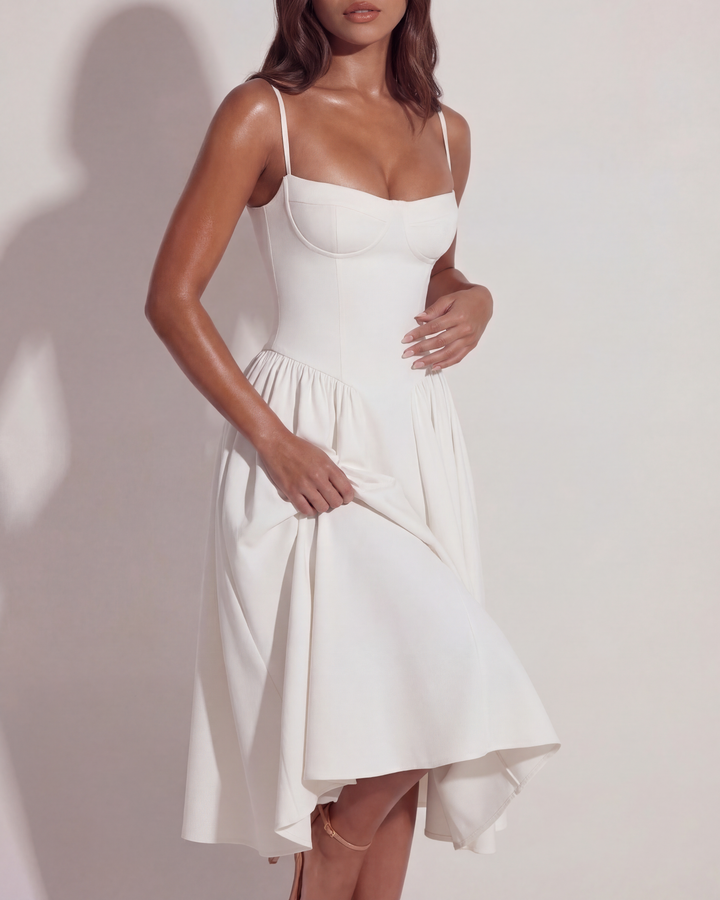 Elegant women's strappy midi dress with a boned sweetheart bodice & beautifully gathered skirt for occasions.