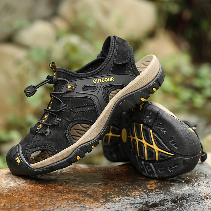 Men's closed-toe hiking sandals with non-slip sole, providing comfort & protection for outdoor walks.
