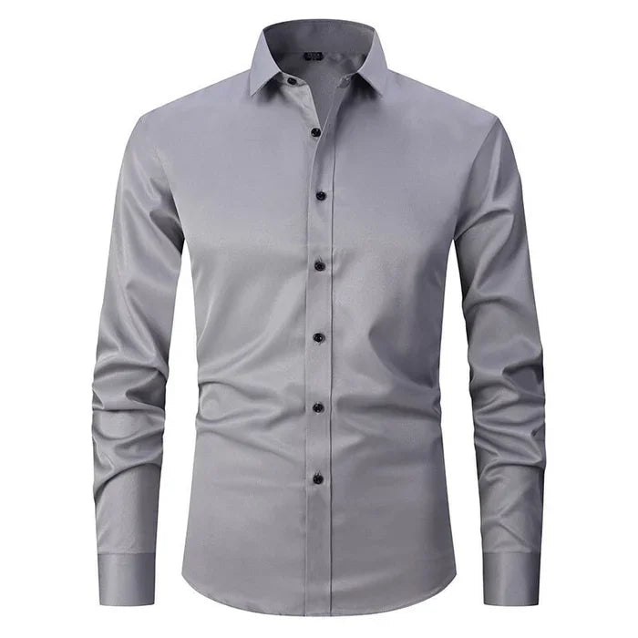 Professional man in a crisp wrinkle-resistant dress shirt, ideal for office wear and formal business events.