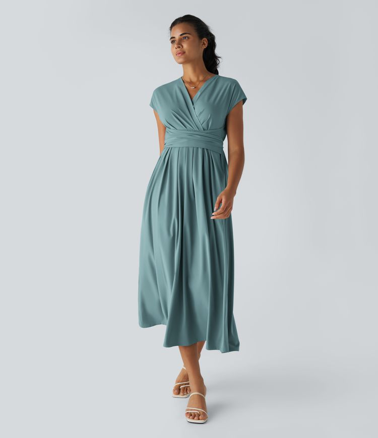 Stylish V-neck midi dress for women, featuring a flattering wrap style and comfortable short sleeves. [[lstfy-media:2]]