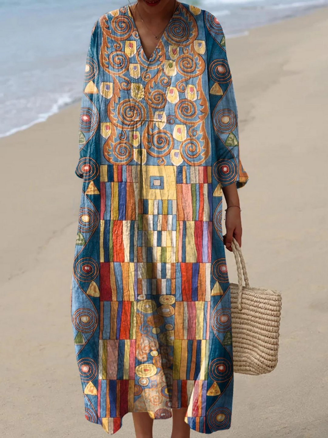 Elegant women's abstract geometric art print midi dress with long sleeves. Perfect for spring fashion, casual or special occasions.