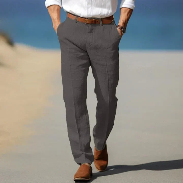 Modern men's tailored slim casual trousers for versatile summer wear, combining comfort & style.