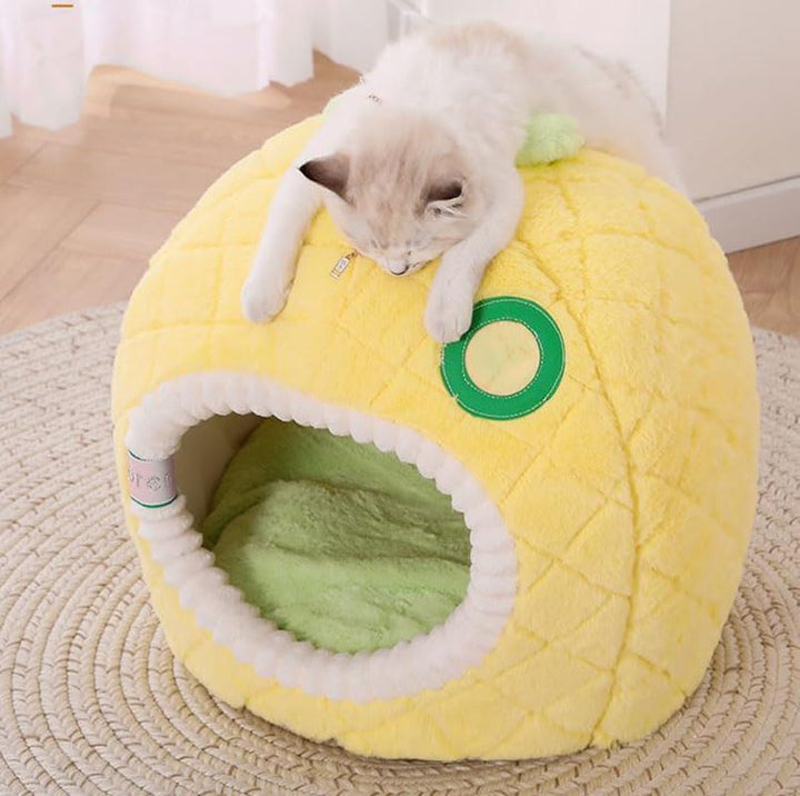 Luxury pineapple cat cave, a soft & cozy pet bed. Perfect sleeping retreat for cats. Unique pet furniture.