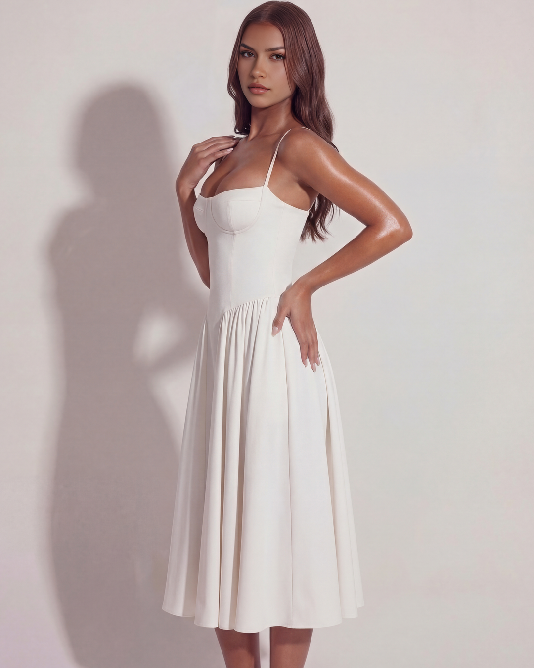 Modern women's occasion wear midi dress with a stylish boned sweetheart bodice & a flattering silhouette.