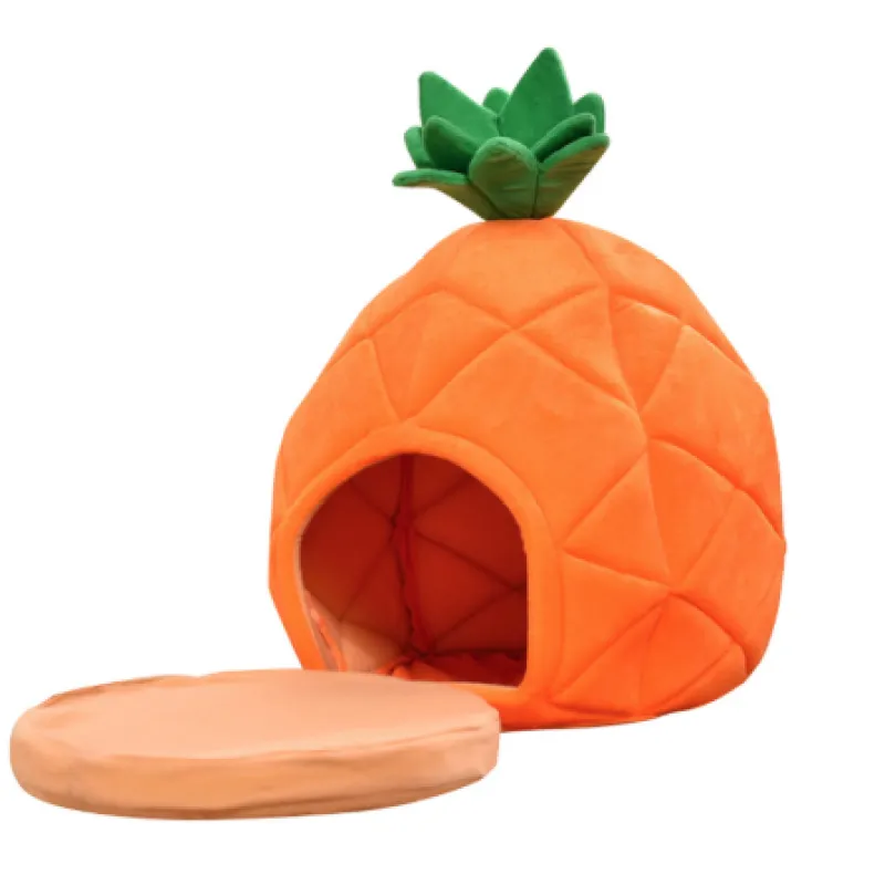 Cozy pineapple cat cave pet bed for cats & small dogs, a comfortable pet retreat.
