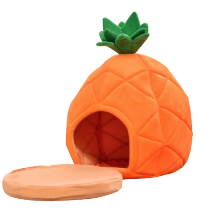 Cozy pineapple cat cave pet bed for cats & small dogs, a comfortable pet retreat.
