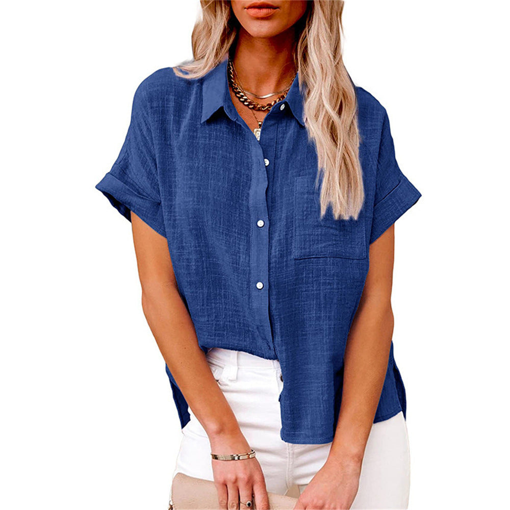 Lightweight short sleeve blouse for women, a relaxed button front top perfect for comfortable summer fashion.