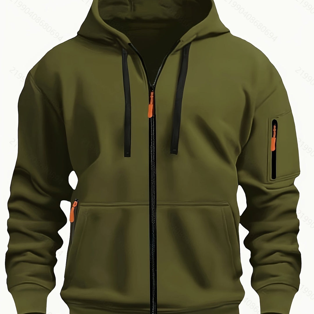 Close-up of zipper on men's comfortable full-zip hoodie.