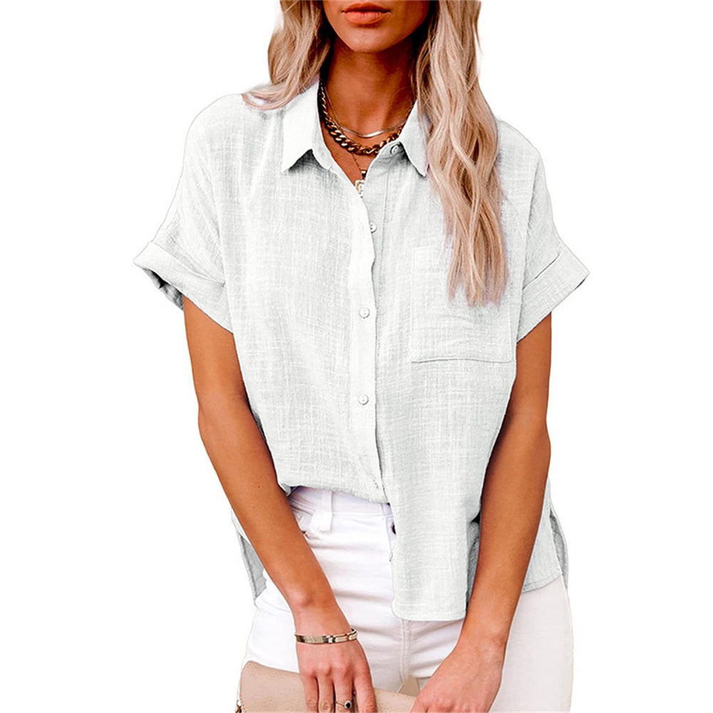 Versatile women's button front short sleeve top in a relaxed fit, a casual blouse for summer or office chic.
