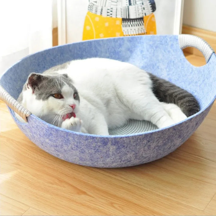 Modern felt cat bed basket, soft and cozy for your pet, with convenient easy-carry handles.
