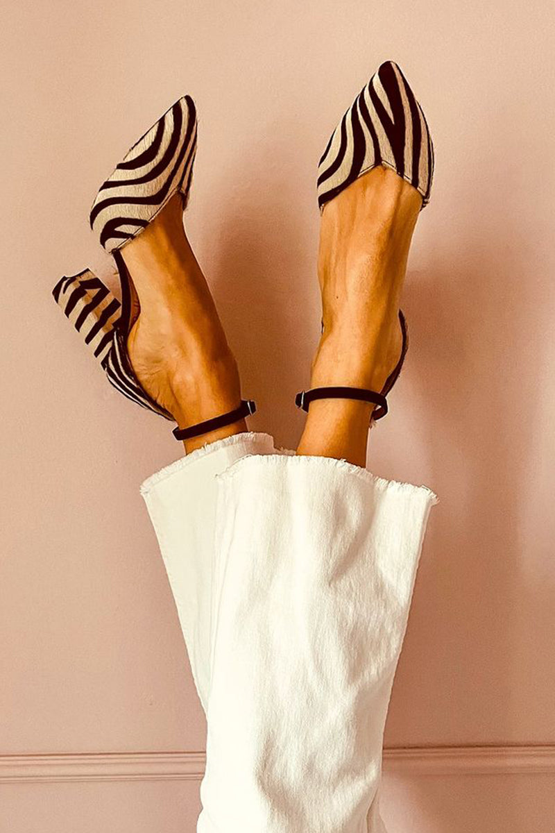 Stylish women's zebra print medium-heel sandals with an ankle strap and open toe, perfect for summer fashion.