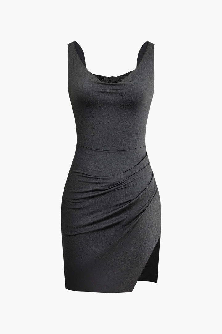 Stunning women's ruched bodycon mini dress, sleeveless and fitted, perfect for parties & elegant night outs.