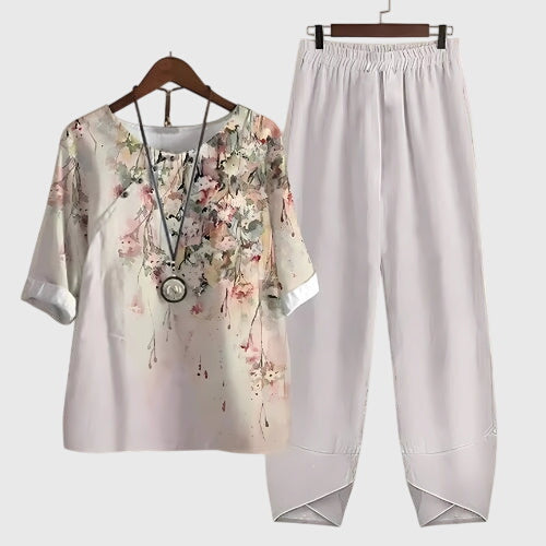 Matching women's two-piece outfit, featuring a top and joggers, great for loungewear or errands.