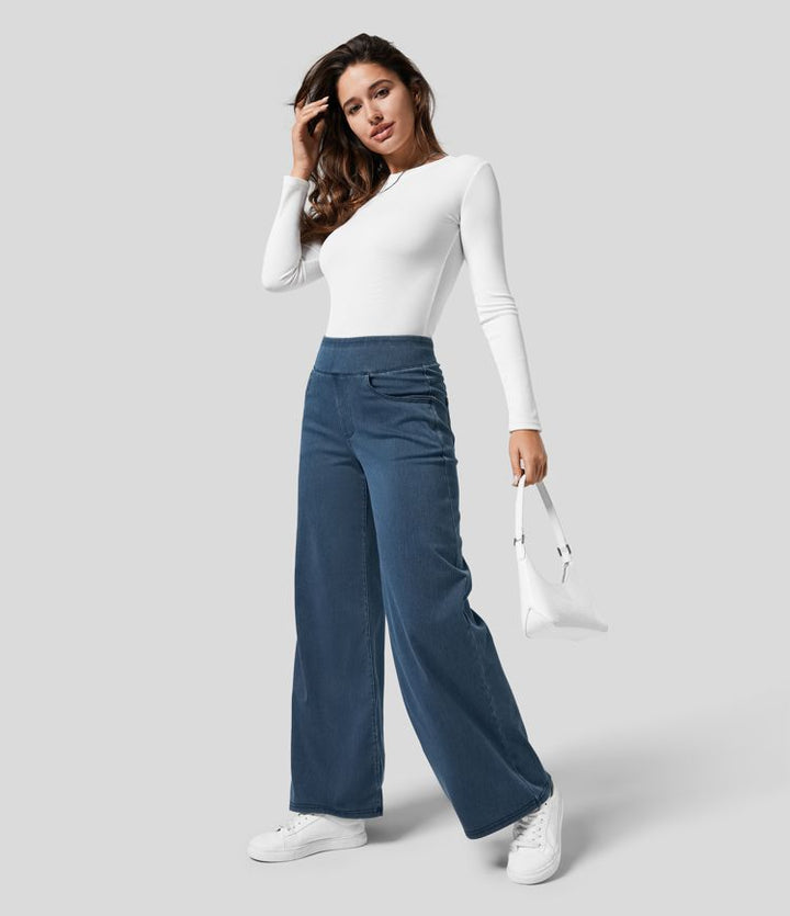 Everyday light blue women's high-waisted wide-leg stretch trousers, casual & elegant.