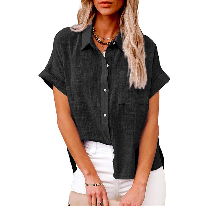 Women's relaxed fit button front short sleeve blouse, perfect for casual summer wear or office.