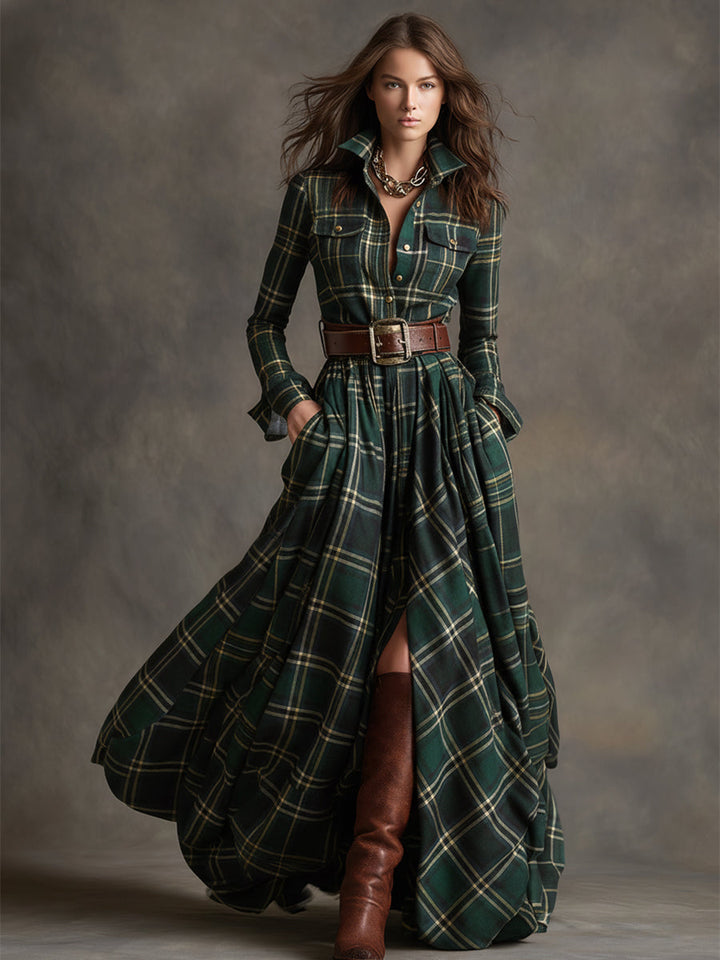 Elegant women's belted shirt dress in plaid with practical pockets, a sophisticated workwear choice.