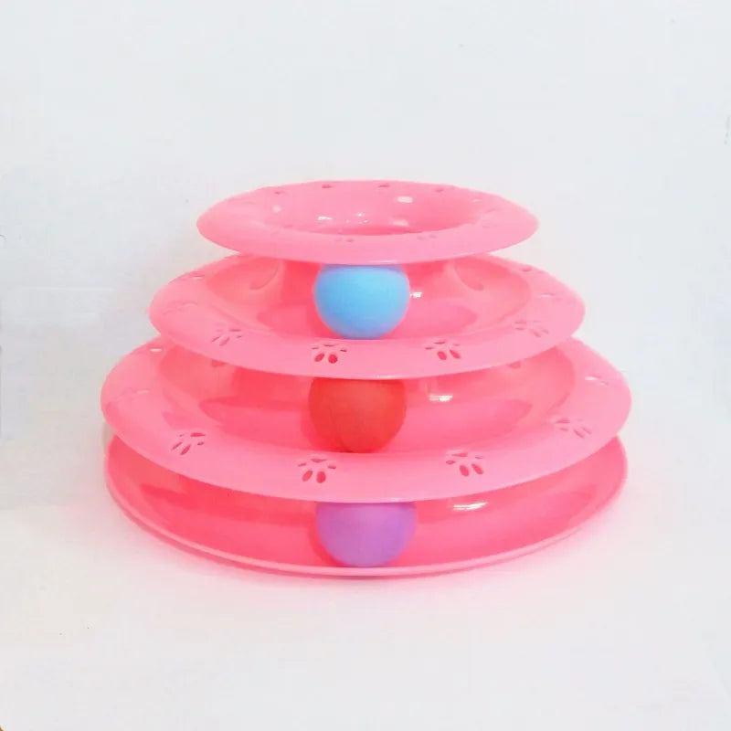 Engaging 3-level cat play pyramid with blue, orange, & pink balls, providing hours of pet entertainment.
