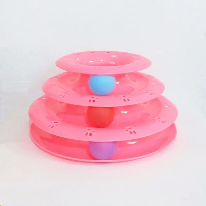 Engaging 3-level cat play pyramid with blue, orange, & pink balls, providing hours of pet entertainment.