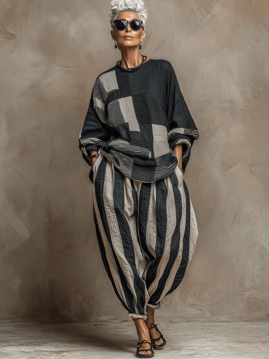 Fall fashion women's colour-block long sleeve top & striped wide-leg trouser two-piece set, perfect winter outfit.