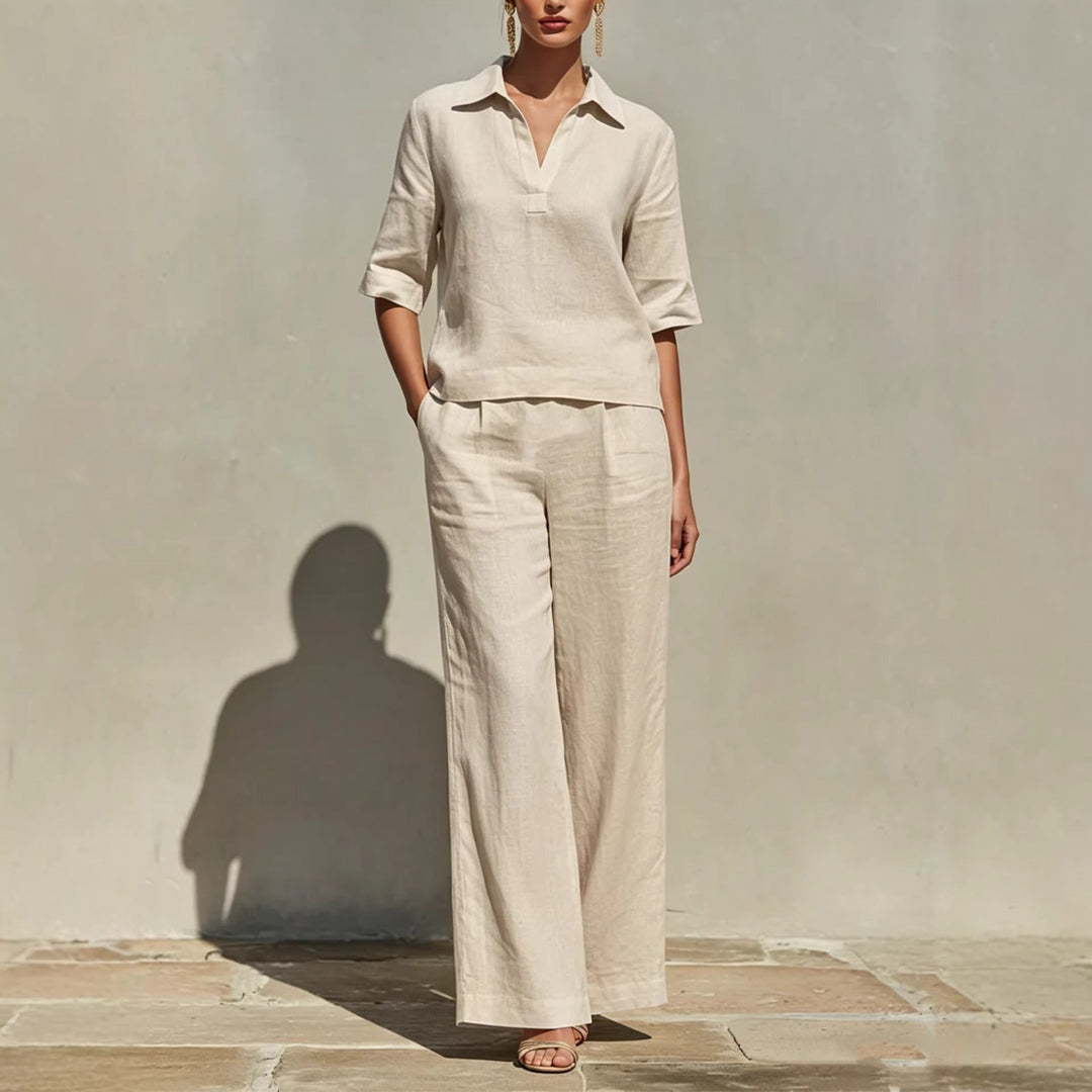 Effortless women's matching set: casual collared top and comfortable wide-leg trousers, great for summer.