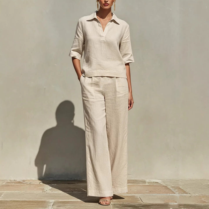 Effortless women's matching set: casual collared top and comfortable wide-leg trousers, great for summer.