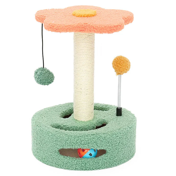 Tall sisal sunflower cat scratching post featuring an interactive dangling toy for feline entertainment & furniture protection.