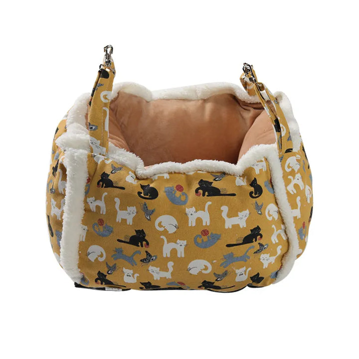 Adorable patterned cat sleeping basket, a soft and comfortable pet bed for your beloved feline.