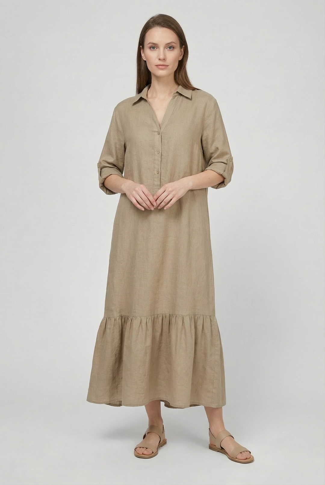 All-season women's maxi shirt dress, tiered design, long sleeves, and button-front. Relaxed, comfortable fit.