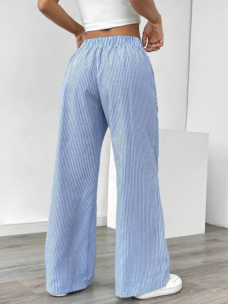 Women's stylish wide leg pants, bold stripes, elastic drawstring waist.