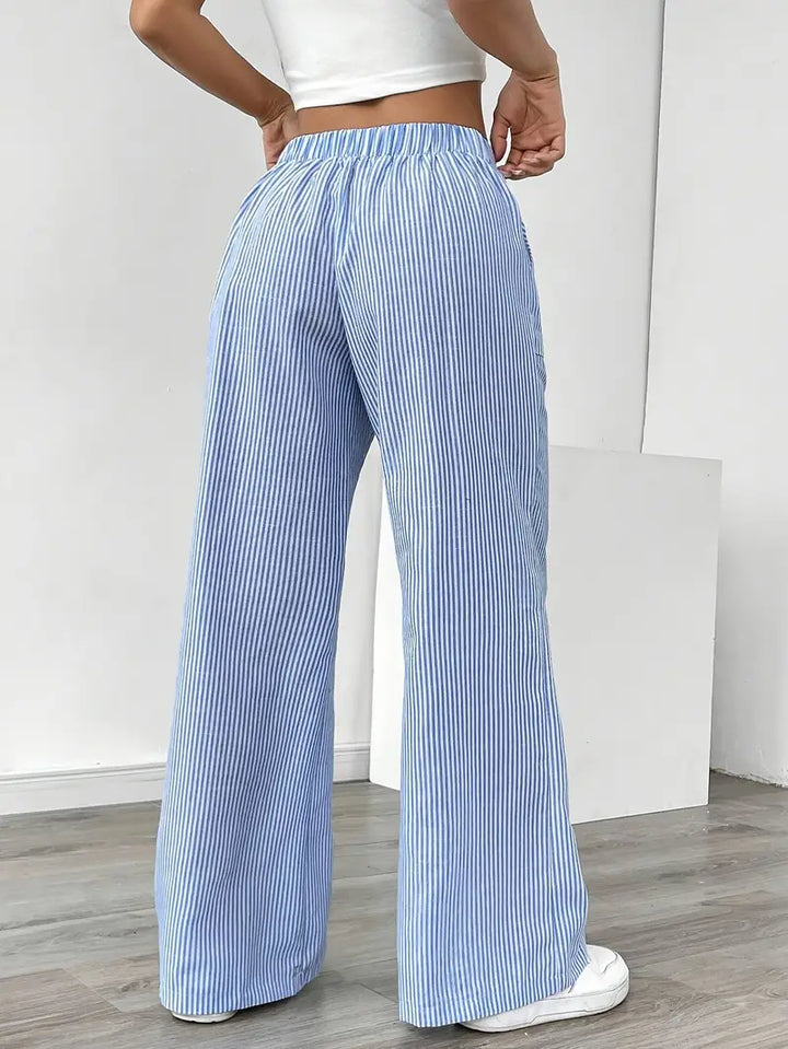 Women's stylish wide leg pants, bold stripes, elastic drawstring waist.
