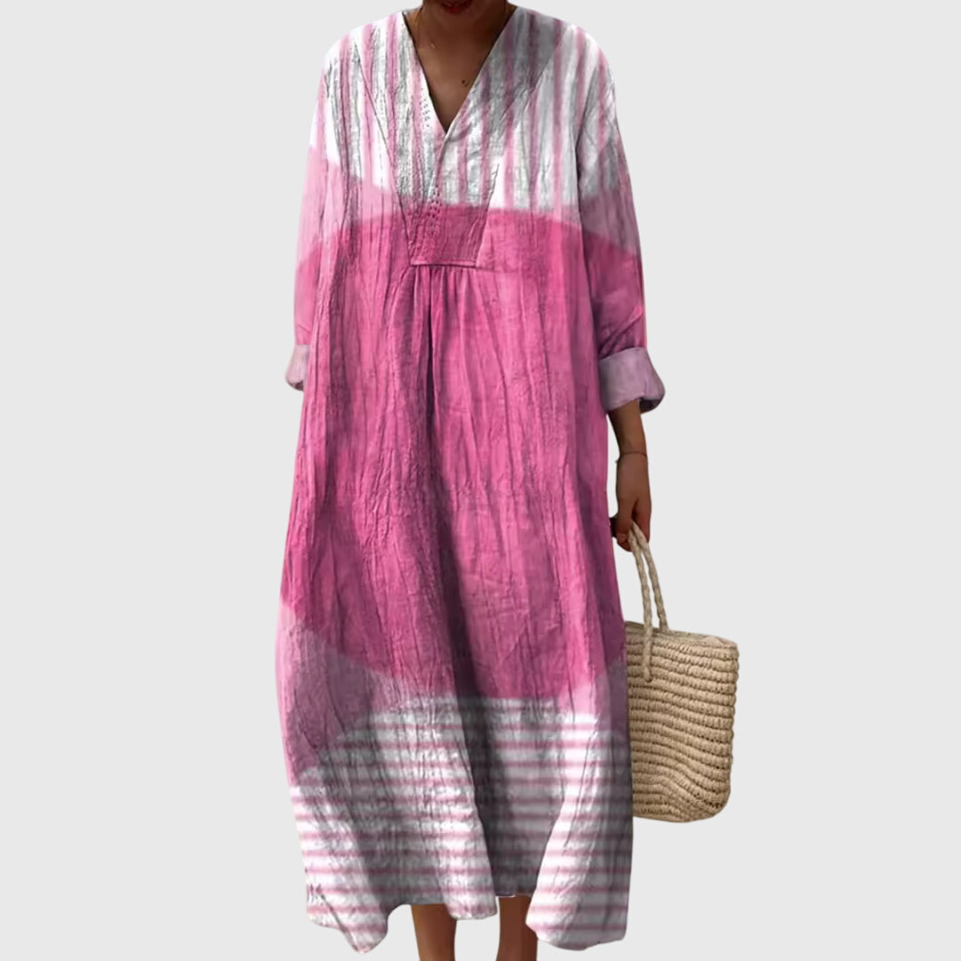 Women's elegant geometric print maxi dress, a stylish patterned dress with a flattering, modern design.